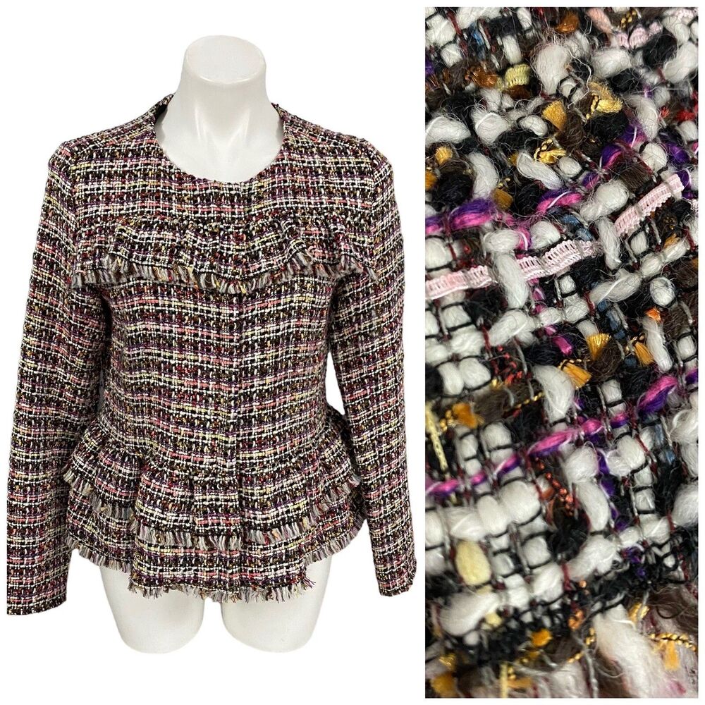 Halogen Blazer Womens Size 8 Zip Jacket Office Casual Old Money Tweed Ruffle